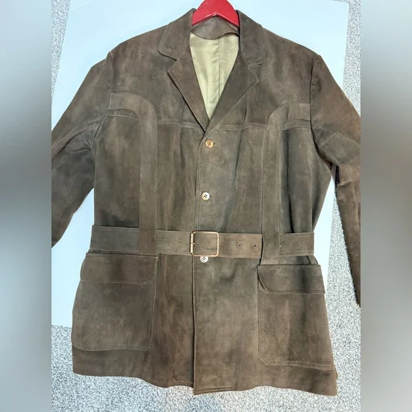 Men's Vintage Brown Suede Jacket, belt and pockets, L - Picture 4 of 16